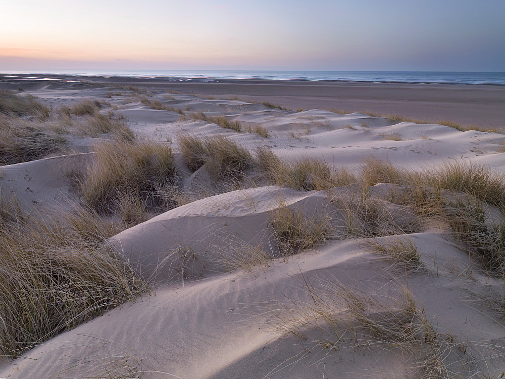 Twilight at the dunes and beach at Holkham Bay, Norfolk, England, United Kingdom, Europe