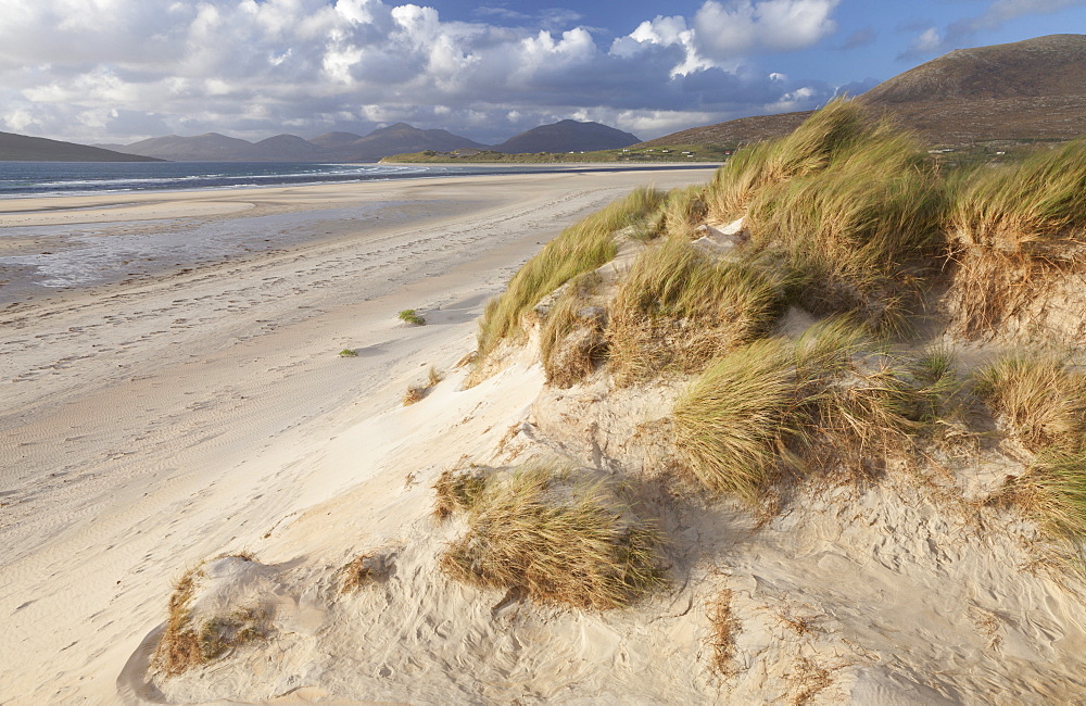 A beautiful but windy late summer evening at Seilebost beach, Isle of Harris, Outer Hebrides, Scotland, United Kingdom, Europe