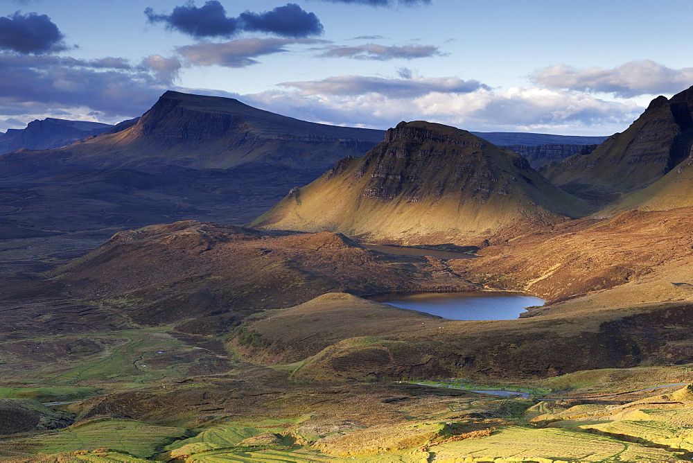 Dramatic early light on the Trotternish ridge as viewed from the Quiraing, Trotternish, Isle of Skye, Scotland, United Kingdom, Europe