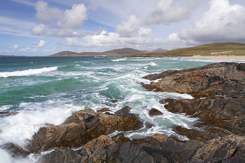 A stormy sea on a bright day at Traigh Iar near Horgabost, Isle of Harris, Outer Hebrides, Scotland, United Kingdom, Europe