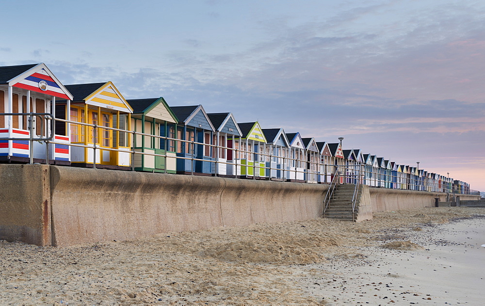 The seafront and the colourful beach huts at Southwold, Suffolk, England, United Kingdom, Europe