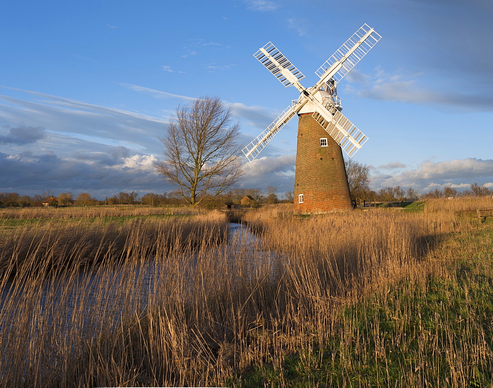 A view of Hardley Mill in the Norfolk Broads, Norfolk, England, United Kingdom, Europe