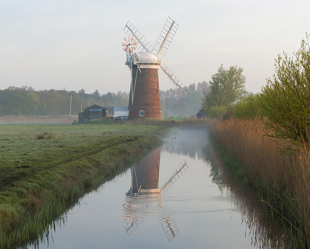 Horsey Mill on a misty morning, Norfolk, England, United Kingdom, Europe