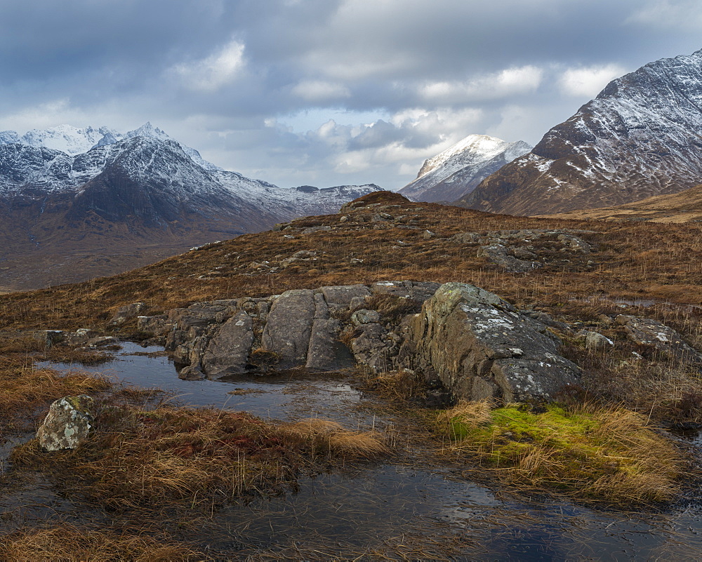 A view of the mountains from above Camasunary, Isle of Skye, Inner Hebrides, Scotland, United Kingdom, Europe