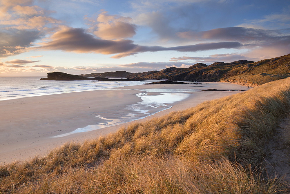 Late evening light on the dunes at Oldshoremore, Sutherland, Scotland, United Kingdom, Europe