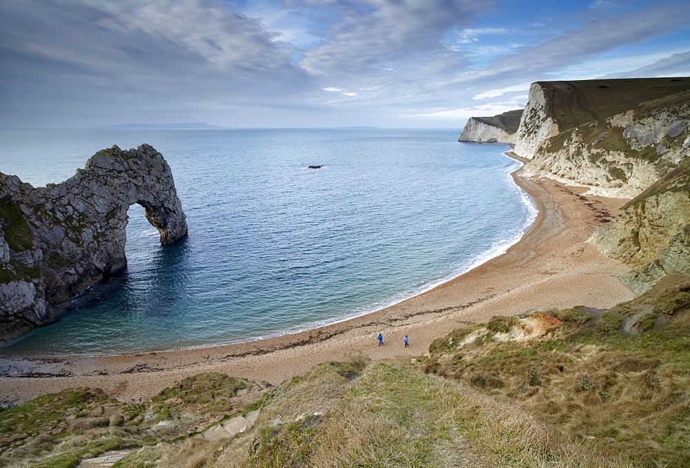 A view of Durdle Door, Swyre Head and Bat's Head with the Island of Portland on the horizon, Jurassic Coast, UNESCO World Heritage Site, Dorset, England, United Kingdom, Europe