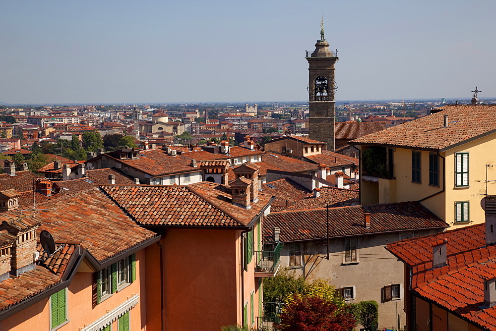 View of Lower Town from Upper Town, Bergamo, Lombardy, Italy, Europe