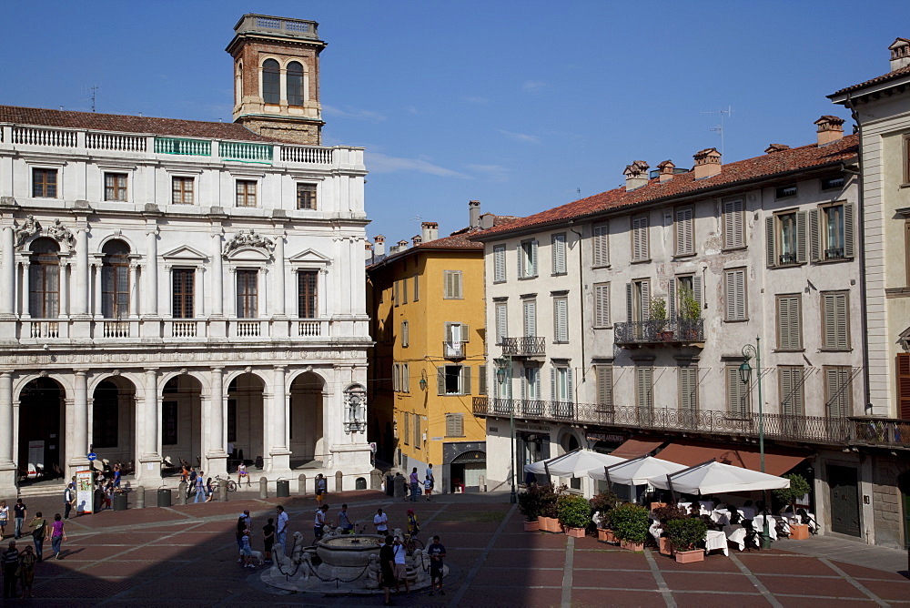 Piazza Vecchia at sunset, Bergamo, Lombardy, Italy, Europe