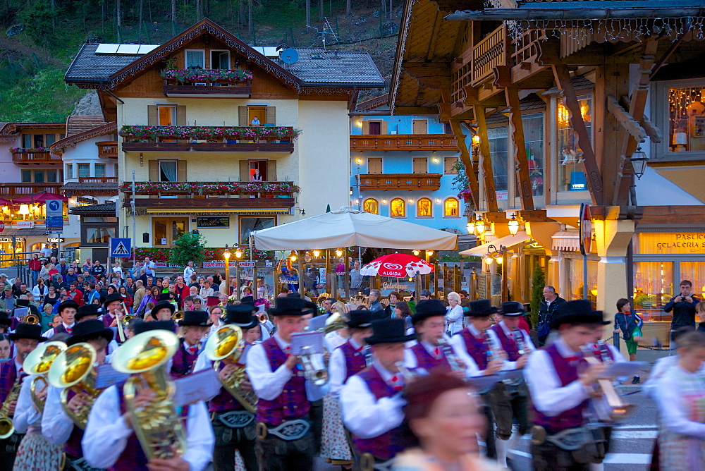 Town at dusk, Canazei, Val di Fassa, Trentino-Alto Adige, Italy, Europe