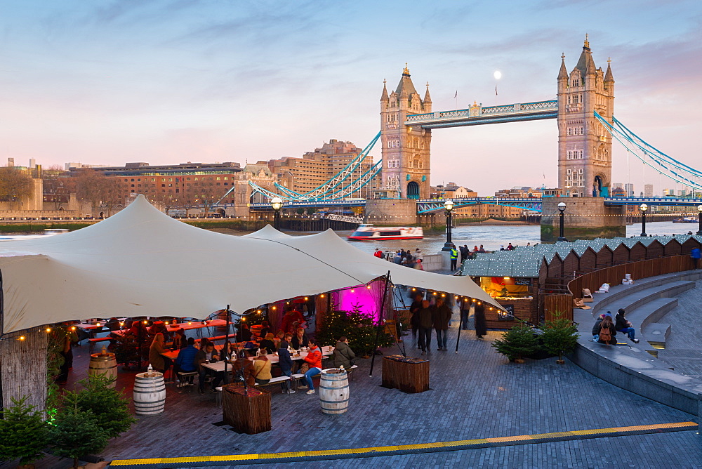 Christmas Market, The Scoop and Tower Bridge, South Bank, London, England, United Kingdom, Europe