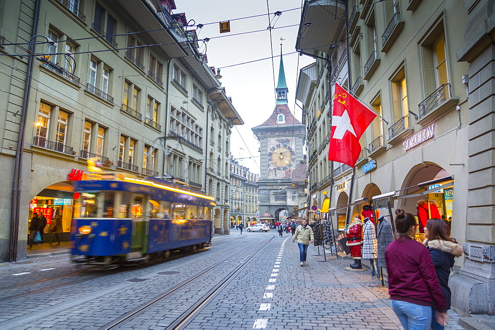 Marktgasse and Zytglogge Apotheke, Bern, Jungfrau region, Bernese Oberland, Swiss Alps, Switzerland, Europe