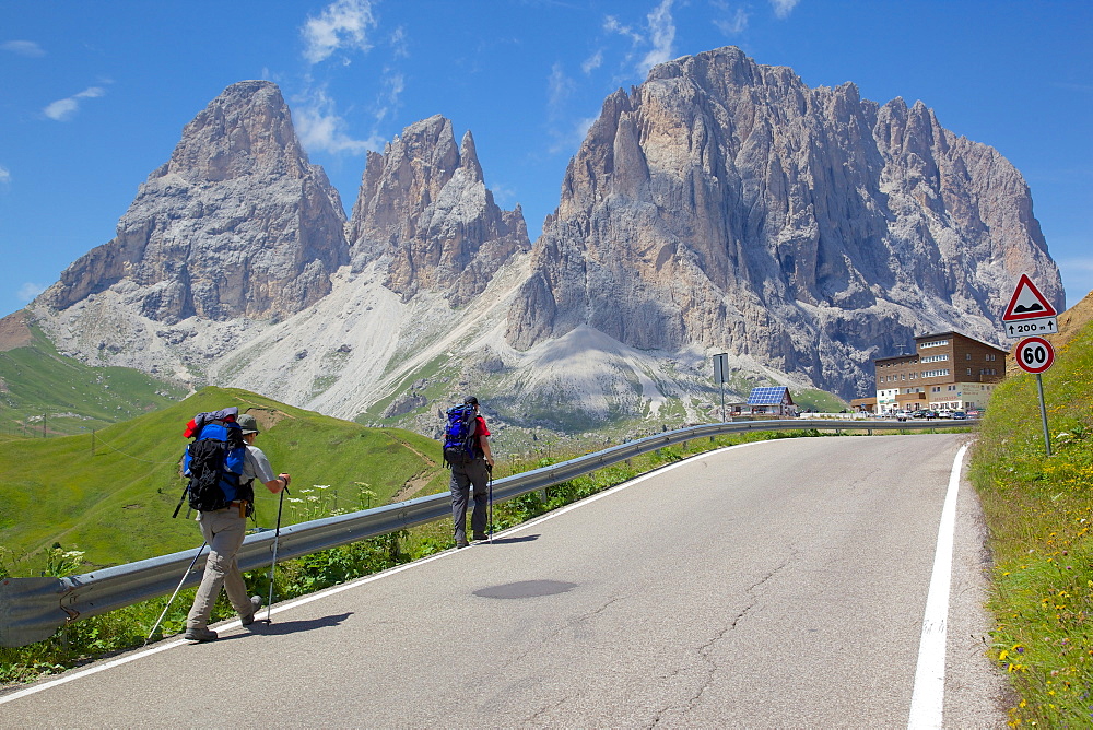 Hikers and Sassolungo Group, Sella Pass, Trento and Bolzano Provinces, Italian Dolomites, Italy, Europe