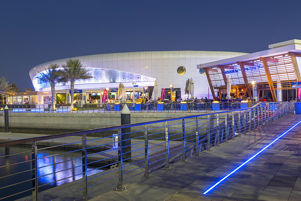 Bars in Yas Marina at dusk, Yas Island, Abu Dhabi, United Arab Emirates, Middle East