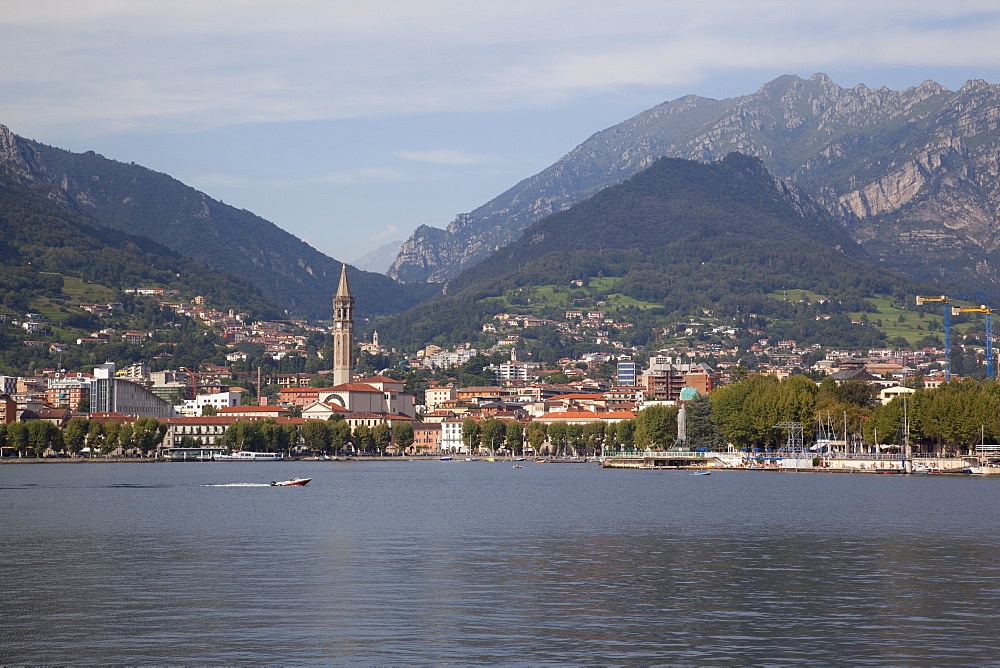 View of town and lake, Lecco, Lake Como, Lombardy, Italian Lakes, Italy, Europe