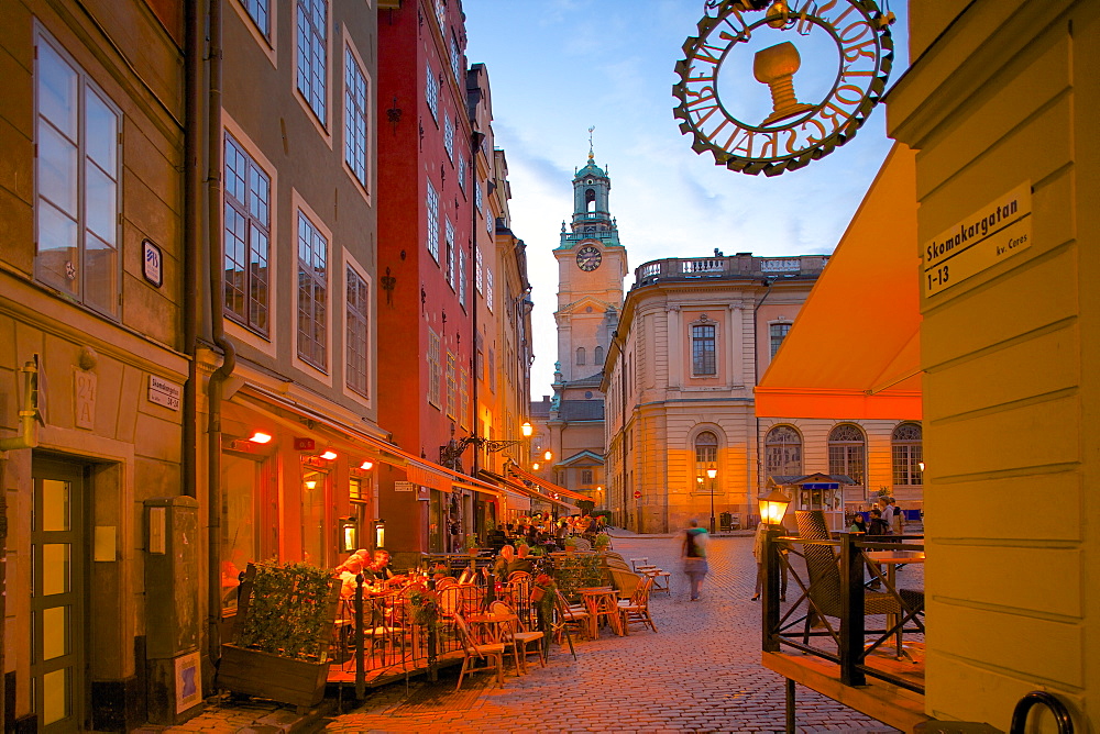 Stortorget Square cafes at dusk, Gamla Stan, Stockholm, Sweden, Scandinavia, Europe