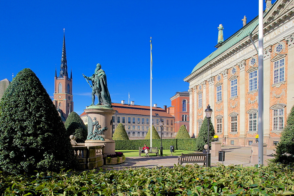 Riddarholmen with spire of Riddarholmskyrkan (Riddarholmen Church) in the background, Stockholm, Sweden, Scandinavia, Europe