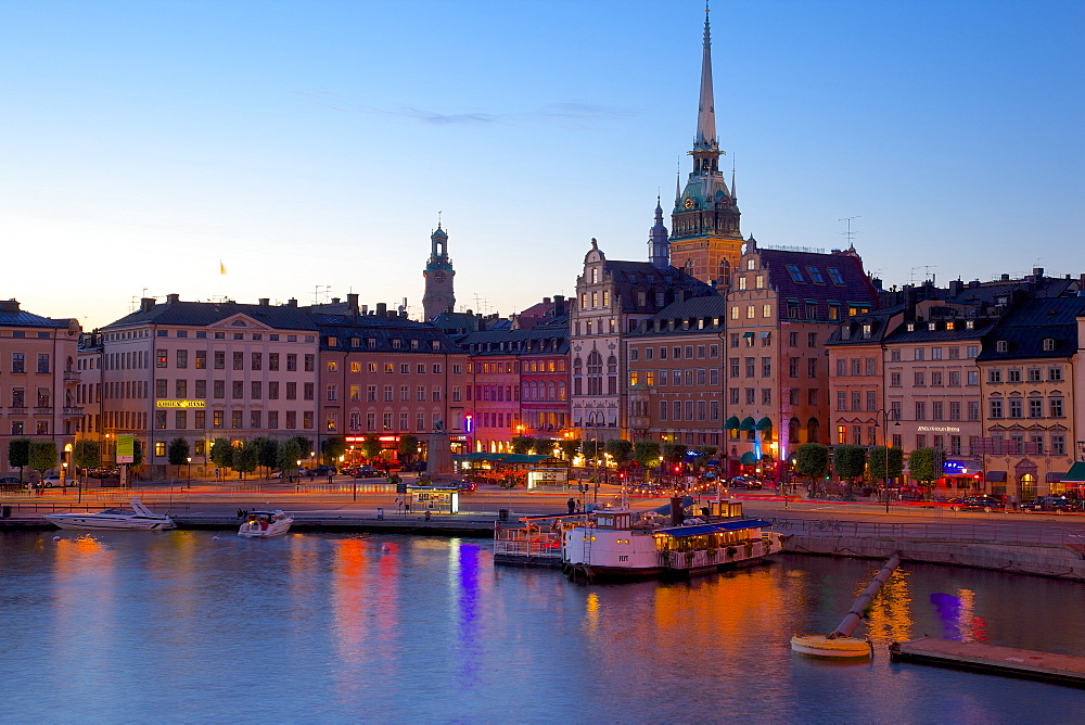 Gamla Stan and Riddarholmen with spire of Riddarholmskyrkan (Riddarholmen Church) at dusk, Stockholm, Sweden, Scandinavia, Europe