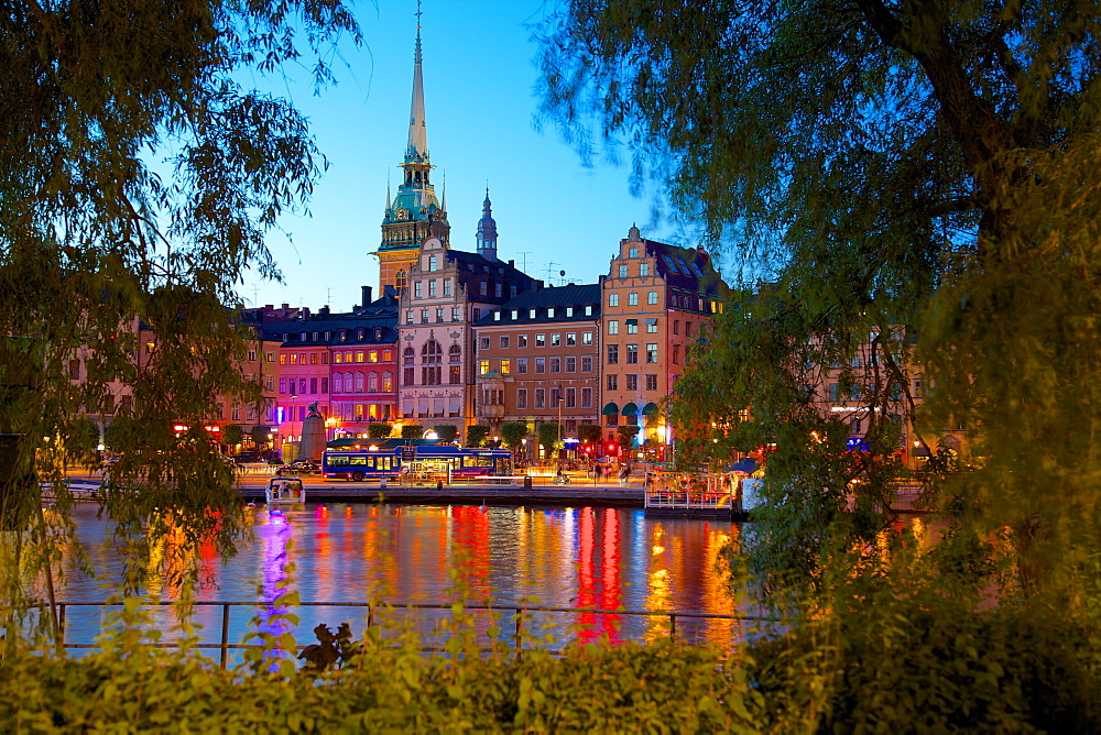 Gamla Stan and Riddarholmen with spire of Riddarholmskyrkan (Riddarholmen Church) at dusk, Stockholm, Sweden, Scandinavia, Europe