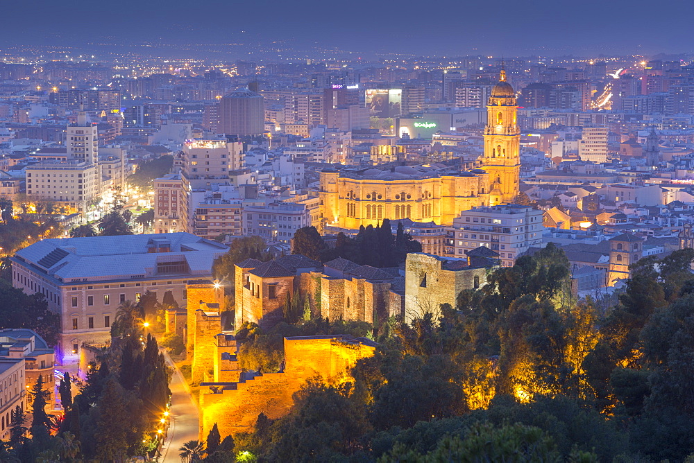 View of Malaga Cathedral from the Moorish castle fortress on Mount Gibralfaro, Malaga, Costa del Sol, Andalusia, Spain, Europe