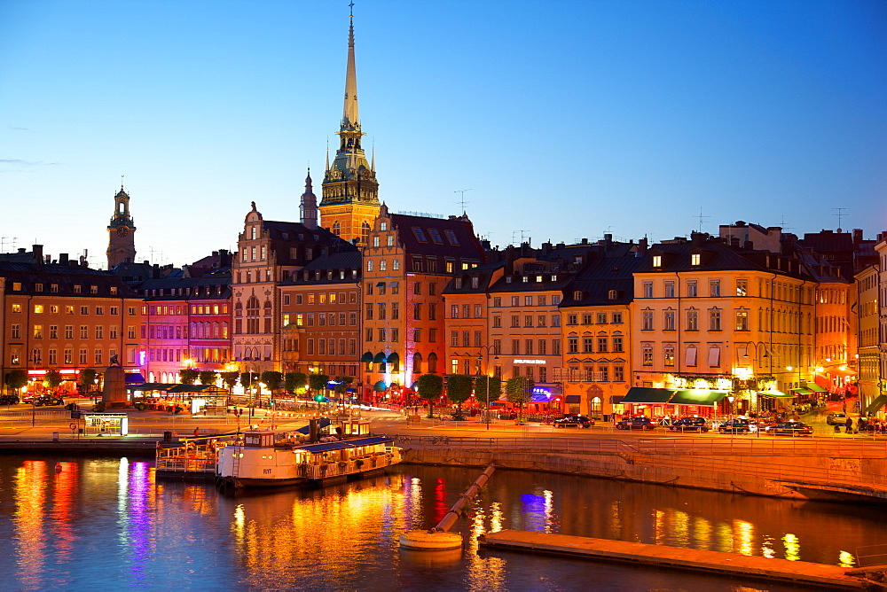 Gamla Stan and Riddarholmen with spire of Riddarholmskyrkan (Riddarholmen Church) at dusk, Stockholm, Sweden, Scandinavia, Europe