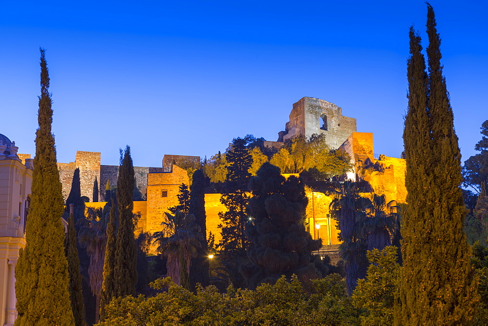 Illuminated view of the walls of Alcazaba, Malaga, Costa del Sol, Andalusia, Spain, Europe