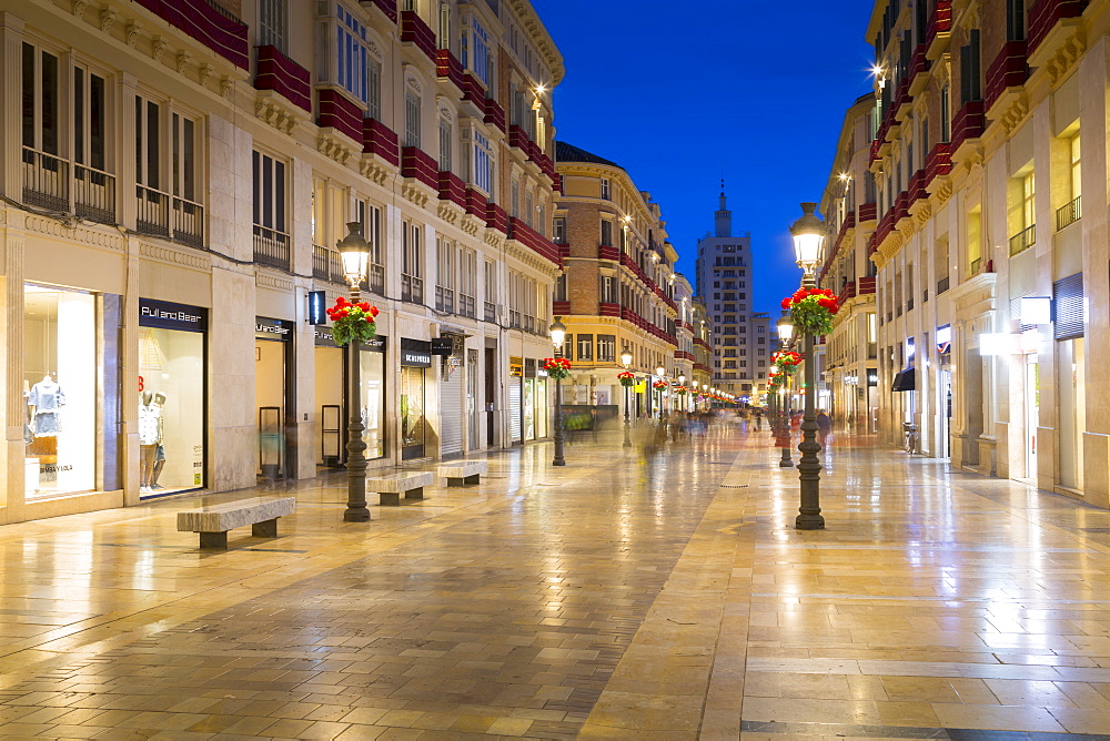 Calle Marques de Larios at dusk, Malaga, Costa del Sol, Andalusia, Spain, Europe