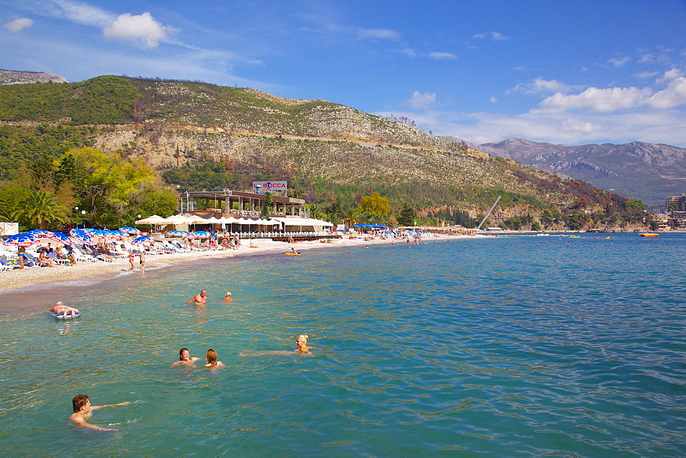 View of Slovenka Plaza Beach, Budva, Montenegro, Europe