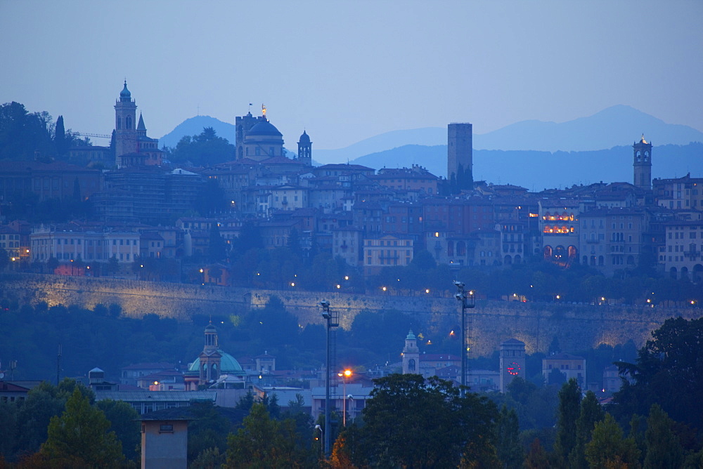 Skyline at dusk, Bergamo, Lombardy, Italy, Europe