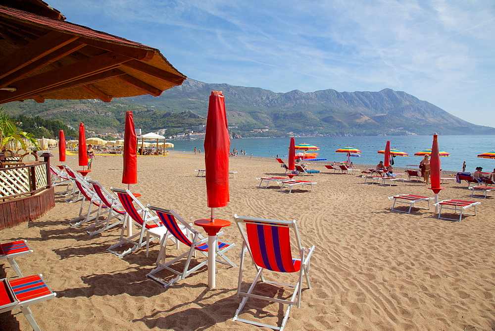 View of beach, Becici, Budva Bay, Montenegro, Europe