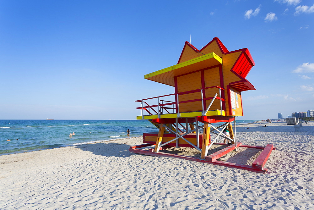 Colourful Lifeguard station on South Beach and the Atlantic Ocean, Miami Beach, Miami, Florida, United States of America, North America