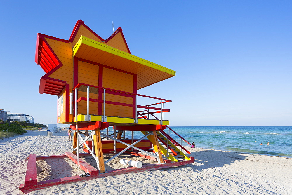 Colourful Lifeguard station on South Beach and the Atlantic Ocean, Miami Beach, Miami, Florida, United States of America, North America