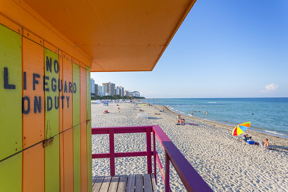 View from colourful Lifeguard station on South Beach and the Atlantic Ocean, Miami Beach, Miami, Florida, United States of America, North America