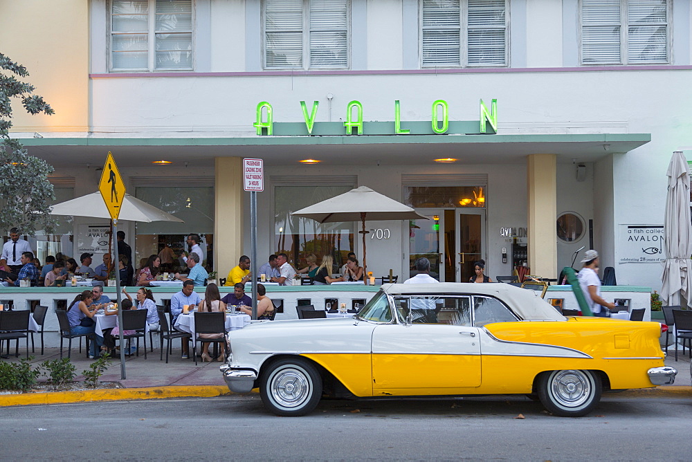 View of Art Deco architecture of Avalon Hotel and classic car, South Beach, Miami Beach, Miami, Florida, United States of America, North America