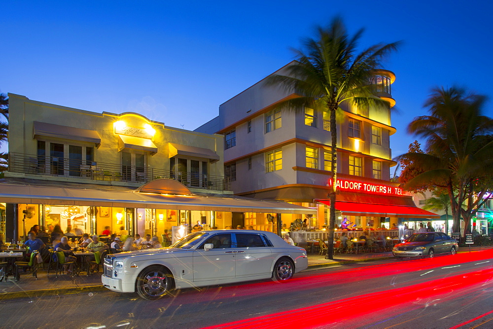 Ocean Drive and Art Deco architecture at dusk, South Beach, Miami Beach, Miami, Florida, United States of America, North America