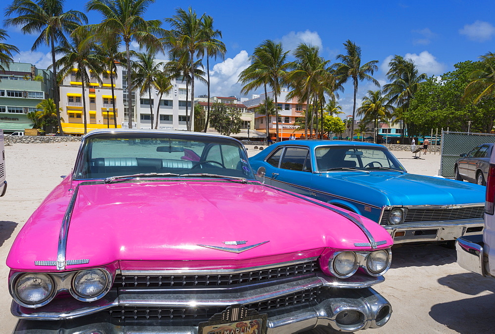 Classic cars on Ocean Drive and Art Deco architecture, Miami Beach, Miami, Florida, United States of America, North America