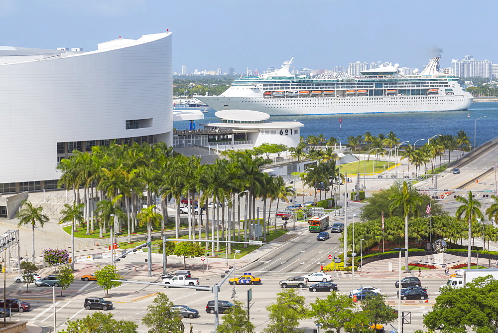 American Airlines Arena in Downtown Miami and cruise ship in Port of Miami, Miami, Florida, United States of America, North America