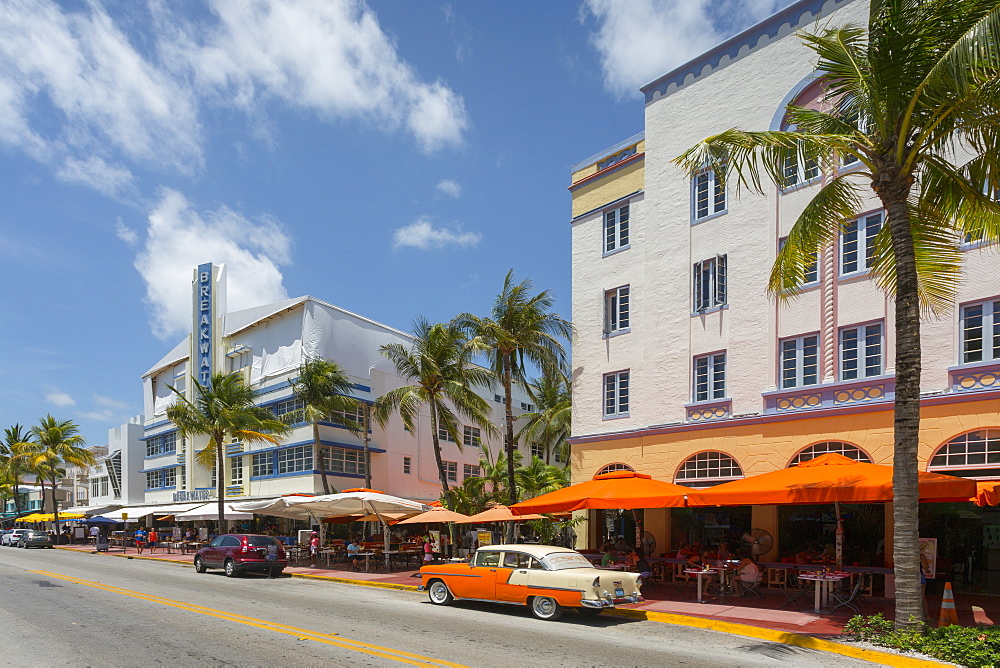 Vintage cab on Ocean Drive, South Beach, Miami Beach, Miami, Florida, United States of America, North America