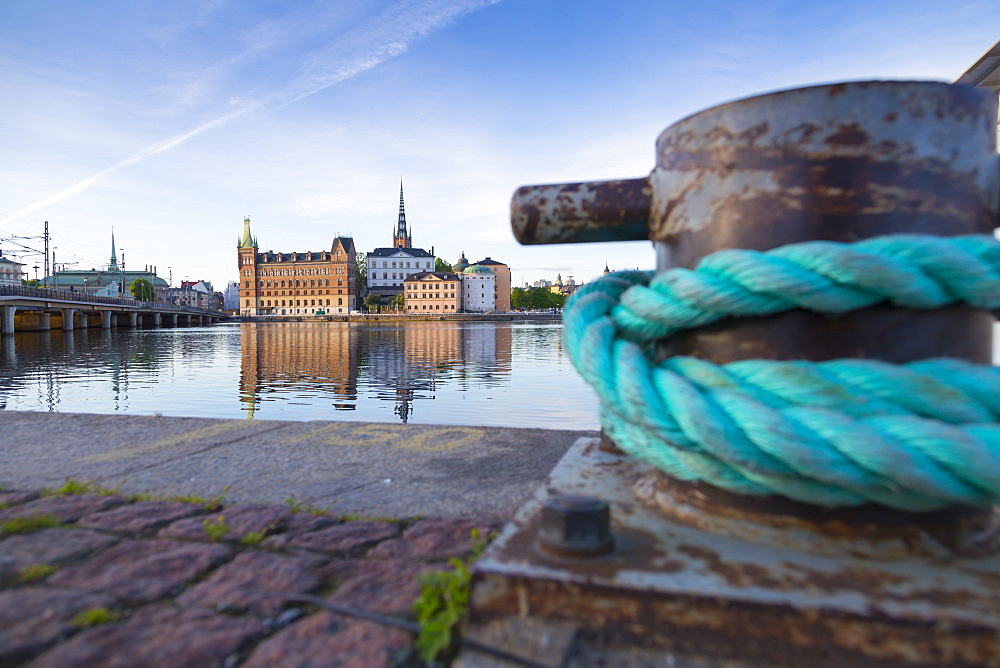 View of Quayside rope and Riddarholmen at dawn from near Town Hall, Stockholm, Sweden, Scandinavia, Europe