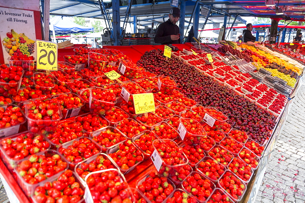 Fruit stall and cafe in Hotorget, Stockholm, Sweden, Scandinavia, Europe