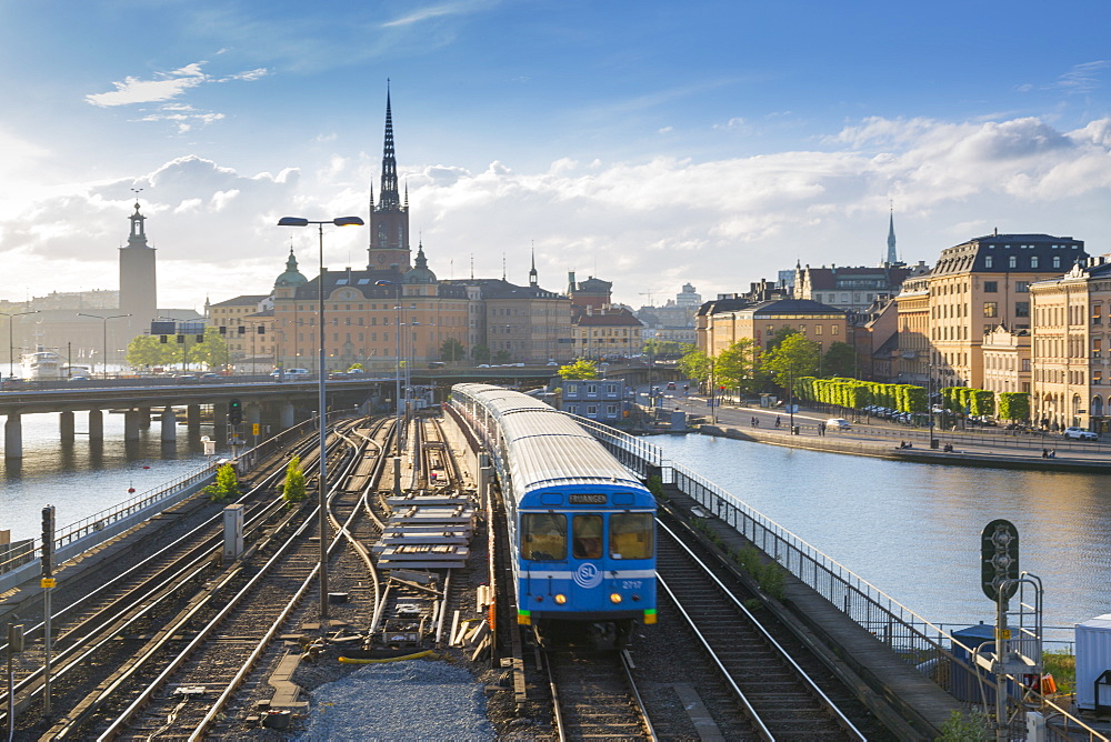 Riddarholmen Church and train from Sodermalm, Stockholm, Sweden, Scandinavia, Europe