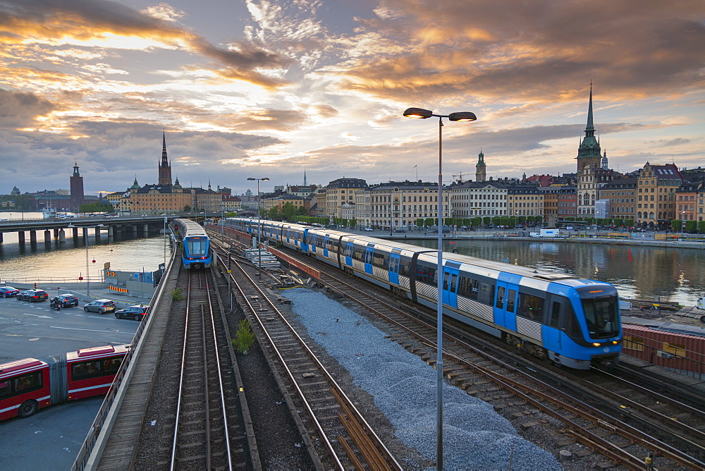 Riddarholmen Church and city skyline, trains from Sodermalm, Stockholm, Sweden, Scandinavia, Europe