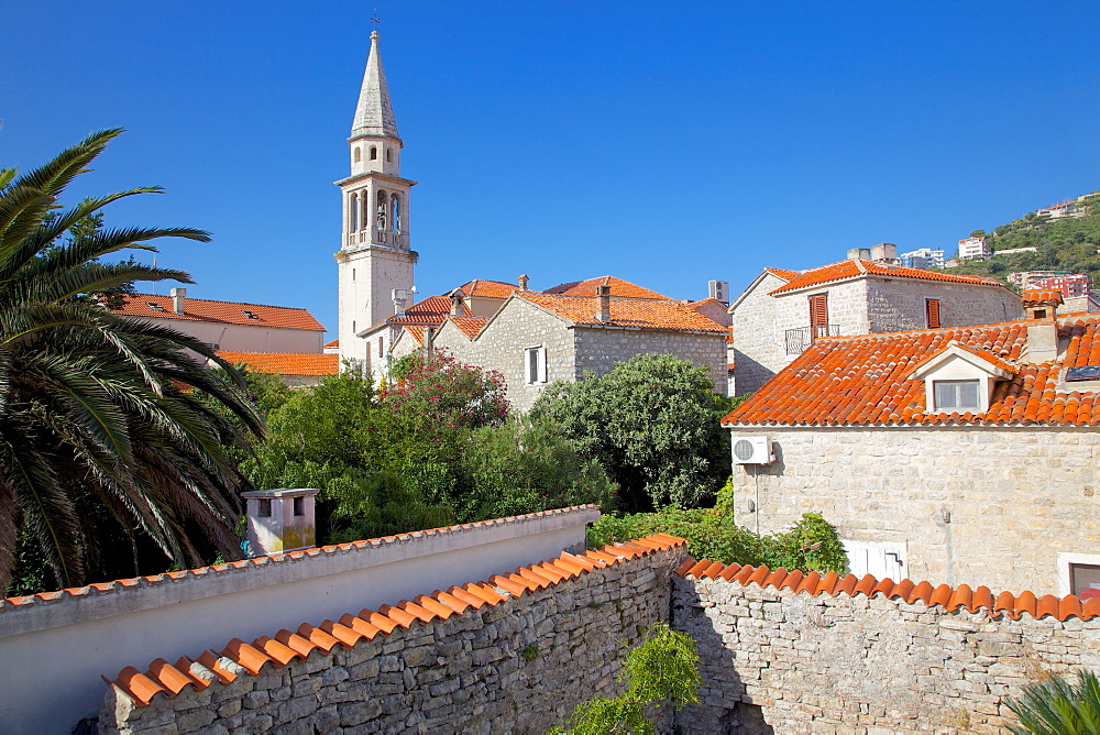 Church belltower from City Wall, Old Town, Budva, Montenegro, Europe