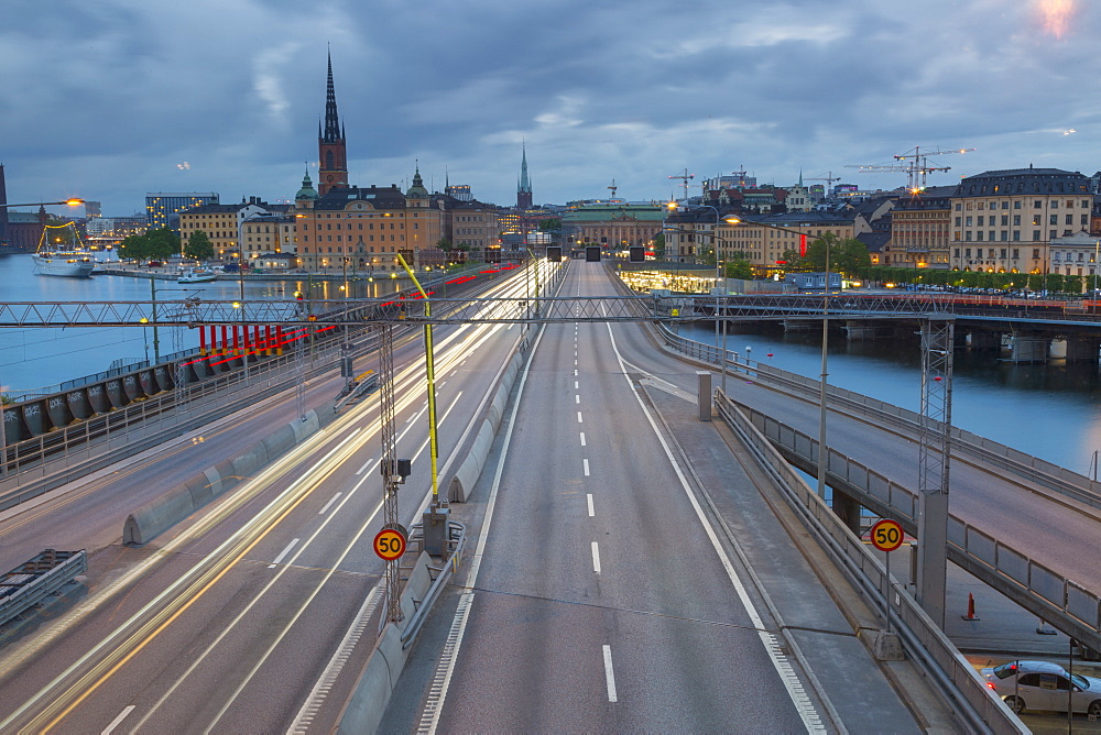 Riddarholmen Church and city skyline, Centralbron from Sodermalm, Stockholm, Sweden, Scandinavia, Europe