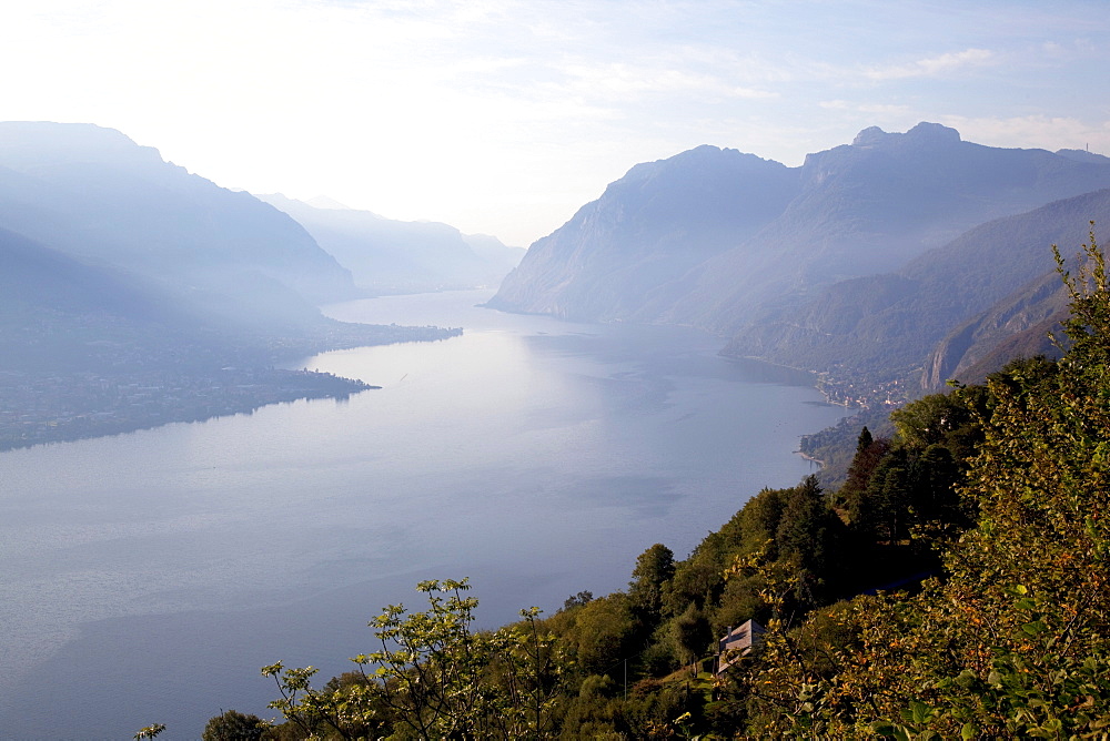 View towards Lecco at sunrise, Civenna, Bellagio, Lake Como, Lombardy, Italian Lakes, Italy, Europe