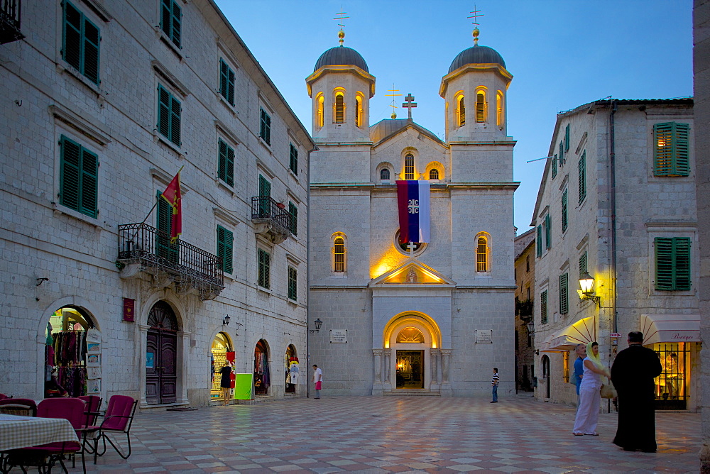 St. Nicholas Serbian Orthodox Church at dusk, Old Town, UNESCO World Heritage Site, Kotor, Montenegro, Europe