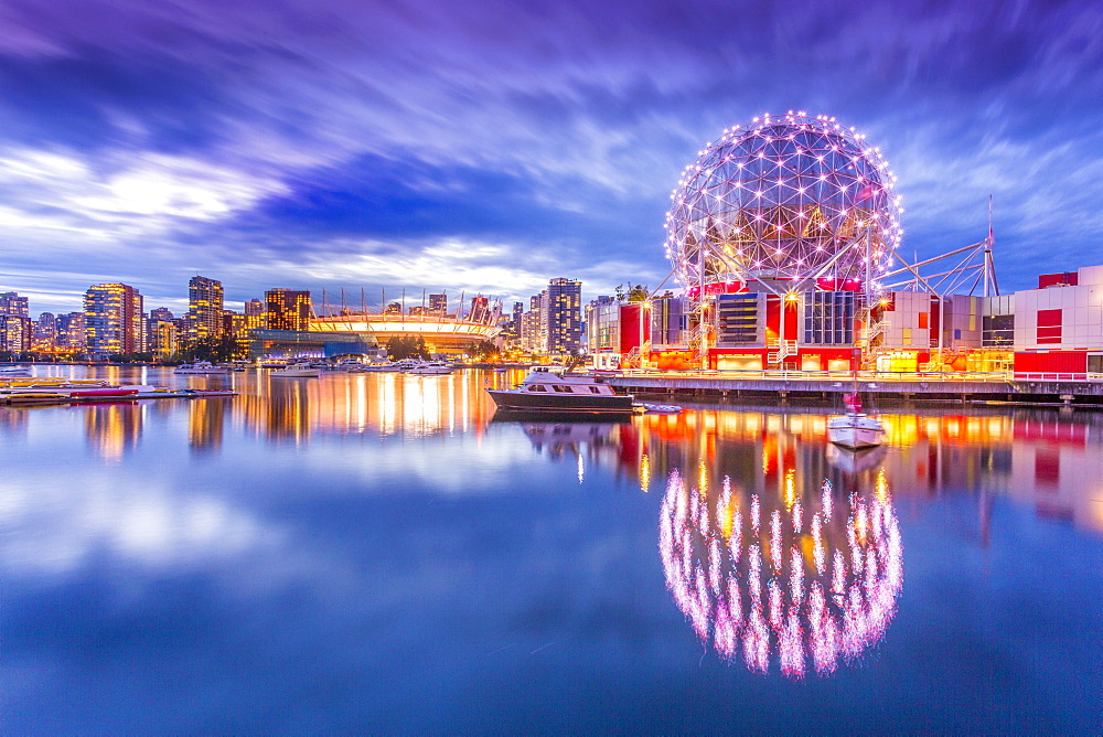 View of False Creek and Vancouver skyline, including World of Science Dome, Vancouver, British Columbia, Canada, North America