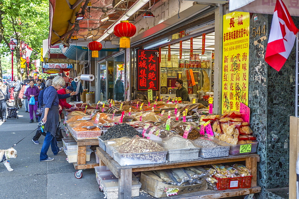 Colourful produce store and shoppers in Chinatown, Vancouver, British Columbia, Canada, North America