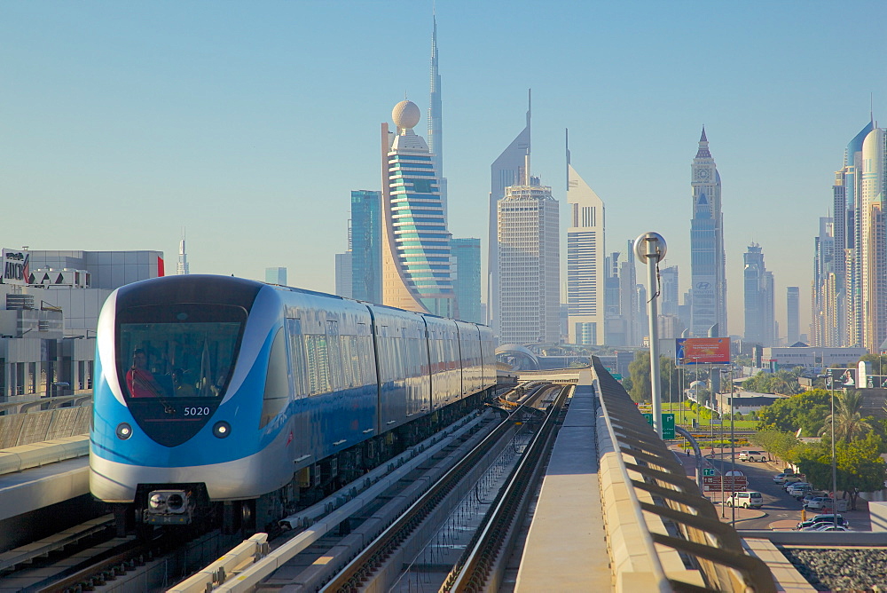 Metro and skyscrapers on skyline, Dubai, United Arab Emirates, Middle East