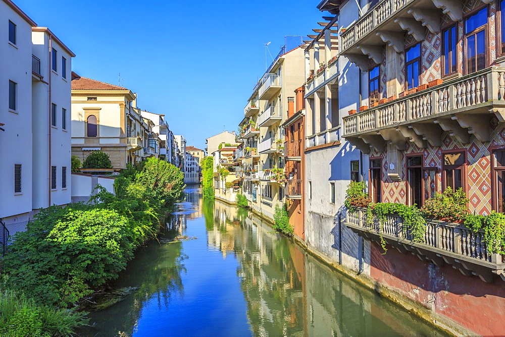 View of river lined by houses reflected in river, Padua, Veneto, Italy, Europe