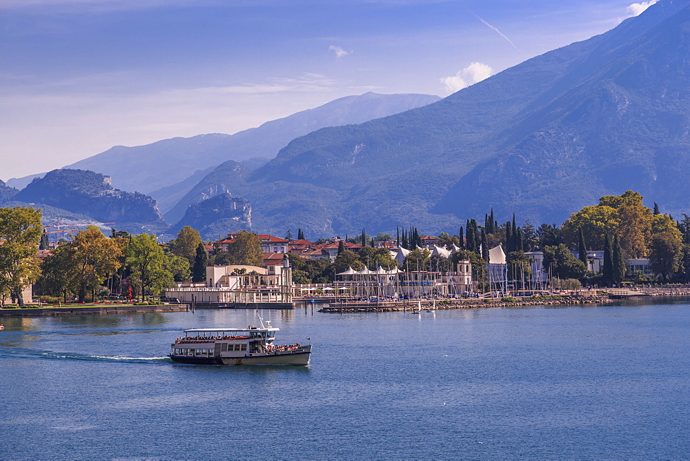 View of ferry leaving the harbour of Riva del Garda, Lake Garda, Trentino, Italian Lakes, Italy, Europe